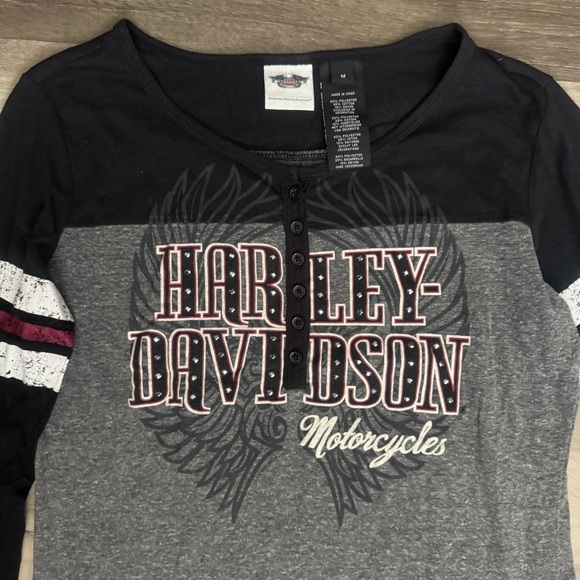 Harley-Davidson Women’s Gray and Black Long Sleeve Henley Shirt - Picture 3 of 6
